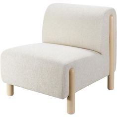 a white chair with wooden legs and an upholstered backrest, on a white background