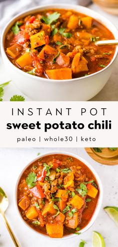 instant pot sweet potato chili in a white bowl with chopsticks and cilantro on the side