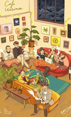 a living room filled with people sitting on couches next to a table and potted plants