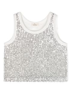 white/silver-tone sequin embellishment round neck sleeveless full lining cropped We've partnered with Good On You — an independent agency that rates how brands perform in relation to their impact on the planet, people and animals, with a multi-criteria rating simplified to a five points scale. In order to be awarded our conscious label, larger brands need to score a minimum of four out of five ('Good'), while smaller brands must score at least three out of five ('It's A Start'). This item comes from a brand rated three out of five ('It's A Start') by Good on You at the time it was added on FARFETCH. Please note, this is a brand-level rating and does not guarantee that this product is made with conscious materials. Learn more about what makes a product Conscious on our Conscious Criteria pa Silver Embellished Top For Party Season, Embellished Silver Tops For Party Season, Embellished Silver Top For Party Season, Trendy Embellished Crop Top For Summer, White Cropped Tank Top For Party, Spring White Sequined Tank Top, White Sequined Tank Top For Spring, Sleeveless Cotton Sequin Top, Summer Cotton Tops With Sequins