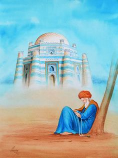 a painting of a man sitting on the ground in front of a building with a dome