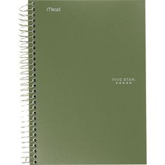 a green spiral notebook with five star writing on the front and back cover, open