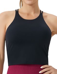 PRICES MAY VARY. High Elastic and Breathable Fabric. The Longline workout bra is made of 80% polyamide and 20% spandex; it is a smooth, breathable and four-way stretch fabric, which yoga gym bra will keep you cool throughout your practice. Strappy Crisscross Open Back Design. This stretchy-fit yoga gym bra has a unique criss-cross back strap design that lets you twist easily and keeps it breathable, comfortable and dry excellent back during a workout. Meanwhile, it's also fashionable. Removable Gym People, Neck Workout, Gym Bra, Best Sports Bras, Medium Support Sports Bra, High Neck Tank Top, Strappy Sports Bras, Workout Crop Top, Tank Top Bras