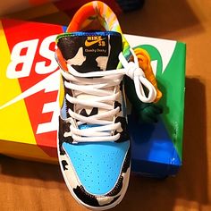 Brand New Nike Ben & Jerry's Dunks. Going For $2800 On Goat. Sz 11 Custom Sneakers Ideas, Sequin Sneakers, Shoe Drawing, Custom Jordan, Nike Wallpapers, Cute Shoe, Custom Painted Shoes, Clothes Wishlist, Shoe Storage Solutions