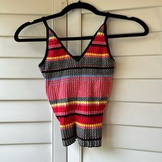 Nwot. Size S, But Very Stretchy. Super Colorful & Soft! Very Fun! Purchased From Urban Outfitters Multicolor Seamless Tops, Fitted Multicolor Seamless Tops, Multicolor Knit V-neck Top, Multicolor V-neck Knit Top, Low Cut Halter Top, Crochet Bra Top, Patterned Crop Top, Spaghetti Strap Crop Top, Cropped Camisole