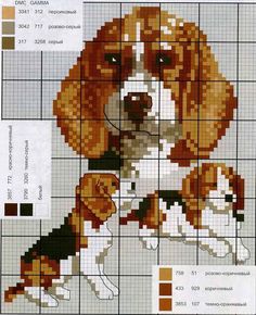 a cross stitch pattern with a dog on it's chest and two puppies