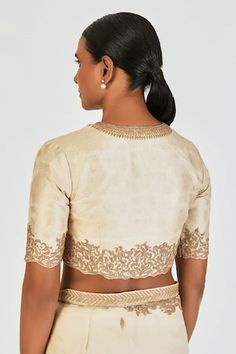 Ivory brocade blouse with marodi and floral motifs embroidery. - Aza Fashions Elegant Chanderi Blouse For Reception, Reception Blouse With Chikankari Embroidery In Traditional Drape, Traditional Cotton Silk Blouse With Intricate Embroidery, Designer Cream Blouse Piece With Zari Work, Chikankari Embroidery Chanderi Blouse For Reception, Cream Traditional Wear With Unstitched Blouse, Wedding Art Silk Cream Blouse Piece, Festive Cream Traditional Wear With Unstitched Blouse, Cream Embroidered Wedding Tops