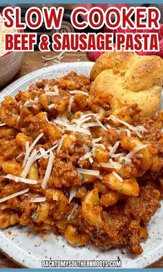 this slow cooker beef and sausage pasta is ready to be eaten