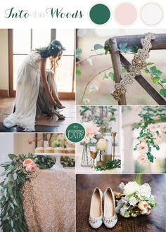 a collage of photos with flowers, greenery and wedding shoes on the floor