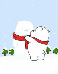 a polar bear is standing in the snow with his arms wrapped around it's neck