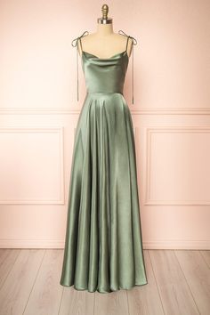 Moira Khaki Cowl Neck Satin Maxi Dress w/ High Slit | Boutique 1861 front view Simple Flowy Prom Dress, Prom Dress Small Bust, Grad Date Dresses, Sage Green Grad Dress, Grad Dresses University, Confirmation Dresses Long, Simple Silk Prom Dress, Grade Eight Grad Dresses, Grade 8 Grad Dresses Long