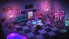 a living room filled with furniture and neon lights