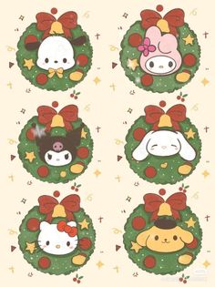 hello kitty christmas wreath stickers on a white background, with four different designs in the center