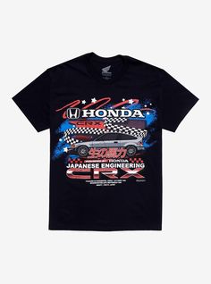 Head to the starting grid with this tee  featuring a Honda CRX and a racing-inspired design.100% cottonWash cold; dry lowImportedListed in men'sunisex sizes Racing Style Cotton T-shirt With Letter Print, Racing Style Graphic Print T-shirt For Fans, Cotton T-shirt For Motorsport Events, Cotton Short Sleeve T-shirt For Motorsport Events, Black Graphic Print Tops For Motorsport Events, Cotton Racing Style Top With Graphic Print, Honda Crx, Hot Topic, Race Cars