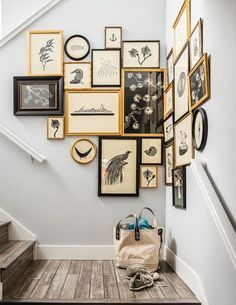 a bunch of framed pictures are hanging on the wall above a stair case with a handbag next to it