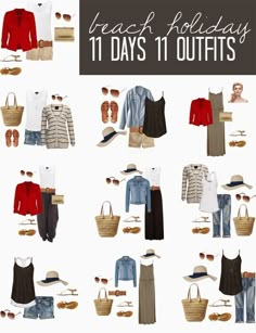 a bunch of clothes and hats with the words teach holiday 11 days to outfits