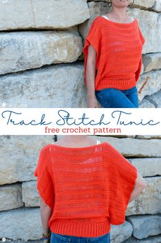 a woman wearing an orange knitted sweater with the text, free crochet pattern