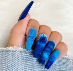 Marbled Blue Nails, Summer Tye Dye Nails, Tie Dye Blue Nails, Blue Marble Coffin Acrylic Nails, Blue And Purple Press On Nails, Tie Dye Nails