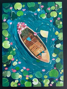 an acrylic painting of a boat floating on water with lily pads around it