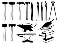 different types of tools are shown in this black and white image, including hammers, nails