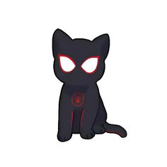 a black cat with glowing eyes sitting down