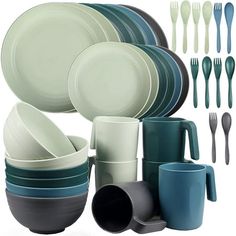 an assortment of dishes and cups are shown