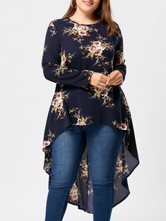 Plus Size Tiny Floral High Low Hem Blouse - Cadetblue - 3S34202827 - Women's Clothing, Plus Size Women's Clothing  #PlusSizeWomensClothing #Women's #Clothing # #Plus #Size #Women's #Clothing Blouse Size Chart, Plus Size Tips, Hipster Grunge, Mode Abaya, Hem Blouse, Elegante Casual, Women Blouse, Plus Size Sweaters, Looks Chic