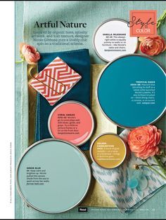 an article in a magazine about different shades of paint and flowers on the page,