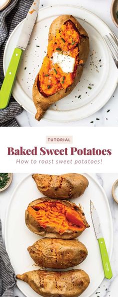 baked sweet potatoes on a white plate with green utensils next to the recipe