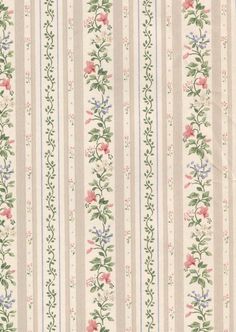 a striped wallpaper with pink flowers and green leaves on the side, along with vertical stripes