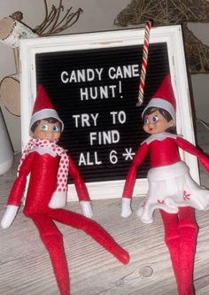 two red and white elfs are sitting next to a sign that says candy cane hunt try to find all 6