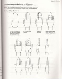 an open book with instructions on how to draw hands and fingers in different positions, including the