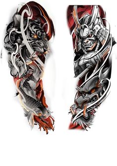 two dragon tattoos on the side of each other, one with red and white ink