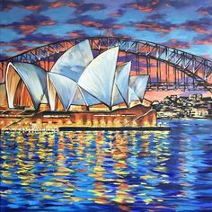 a painting of the sydney opera house and harbour bridge