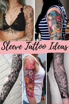 many different tattoos are shown in this collage with the words sleeve tattoo ideas on them