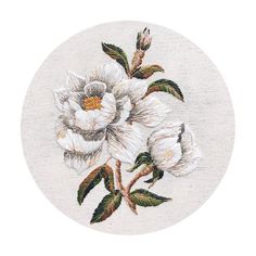 a white flower with green leaves in a circle on a white background is featured by the artist