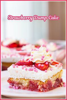 strawberry dump cake with white frosting and pink sprinkles on a plate