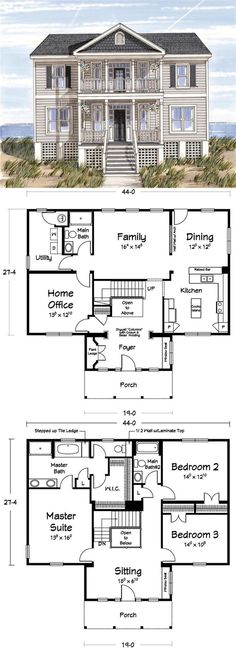 two story house plans with an open floor plan for the first and second floors,