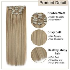 HAIR TYPE:100% Grade 10A Clip in Real Human Hair Extension HAIR SETTING:Can be curled, straightened, washed and cut. Can Not Be Bleached HAIR TEXTURE:Natural Straight PACKAGE:7Pcs/Set 1*10" weft with 4 clips1*8" wefts with 3 clips1*7" wefts with 3 clips2*5" wefts with 2 clips2*3" wefts with 2 clips SPECIFICATION: 7Pieces/120Gram Per Pack (100g Hair + 20g Clips) We recommend 1 pack for thick hair, 2 packs for thin hair. 1. Using Your Tail Comb, Part Your Hair Horizontally to Section Off Hair Betw Hair Extensions Blonde, Bonded Hair Extensions, Sew In Hair Extensions, Blonde Highlight, Ash Blonde Highlights, Tail Comb, 100 Grade