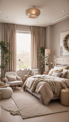 a bedroom with a large bed and two chairs in front of a window that has curtains on the windowsill