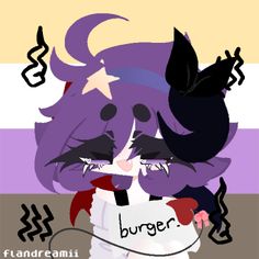 an anime character with purple hair and black eyes holding a sign that says burger on it