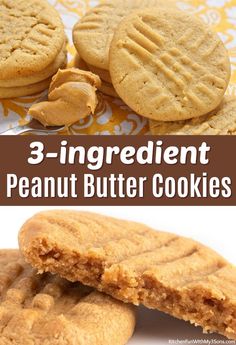 three ingredient peanut butter cookies on a yellow and white tablecloth with text overlay