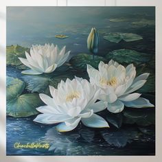 a painting of white water lilies in a pond