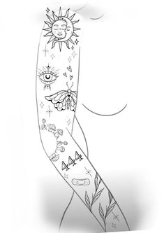 a drawing of a sun and moon on the arm with flowers, leaves and stars