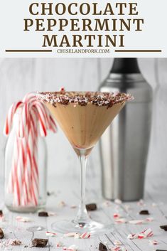 a chocolate peppermin martini in a glass with candy canes on the side and text overlay