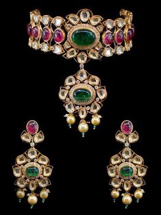 "Sitara Choker Flower Necklace Kundan Set Setting the tone for this season's wedding celebrations! This purple green kundan work in flower & leaves deep pink stone pearls Indian necklace set. A beautiful kundan choker necklace set that will enhance the beauty of any outfit with its elegant workmanship and timeless grace. This set exhibits beautiful kundan and lab-created emerald and ruby stone accents,. The set includes a pair of matching earrings. Approximate earrings length is 2.75\". SET Temple Jewelry With Rose Cut Diamonds For Diwali, Diwali Temple Jewelry With Rose Cut Diamonds, Festival Chandbali Earrings With Rose Cut Diamonds, Festival Chandbali Rose Cut Diamond Jewelry, Ruby Kundan Necklace With Gemstones For Wedding, Ruby Gemstone Kundan Necklace For Wedding, Festival Rose Cut Chandbali Jewelry, Wedding Kundan Pendant Necklace With Gemstones, Indian Necklace Set