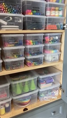 the shelves are filled with plastic containers and other crafting supplies for kids to use