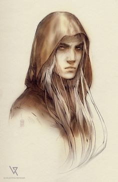 a drawing of a woman with long hair and wearing a hoodie over her head