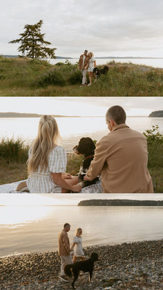 two people and a dog are sitting on the shore by the water with their feet in the water