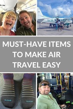 some people are sitting on a bus with their feet up and the words must - have items to make air travel easy